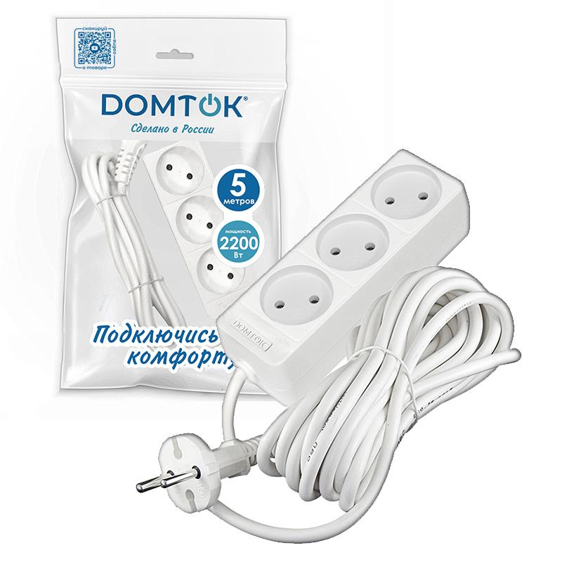 Удлинитель 3х5м без заземл. 10А IP20 2.2кВт ПВС 2х0.75 бел. DOMTOK 2372 в интернет-магазине Рэмкабель