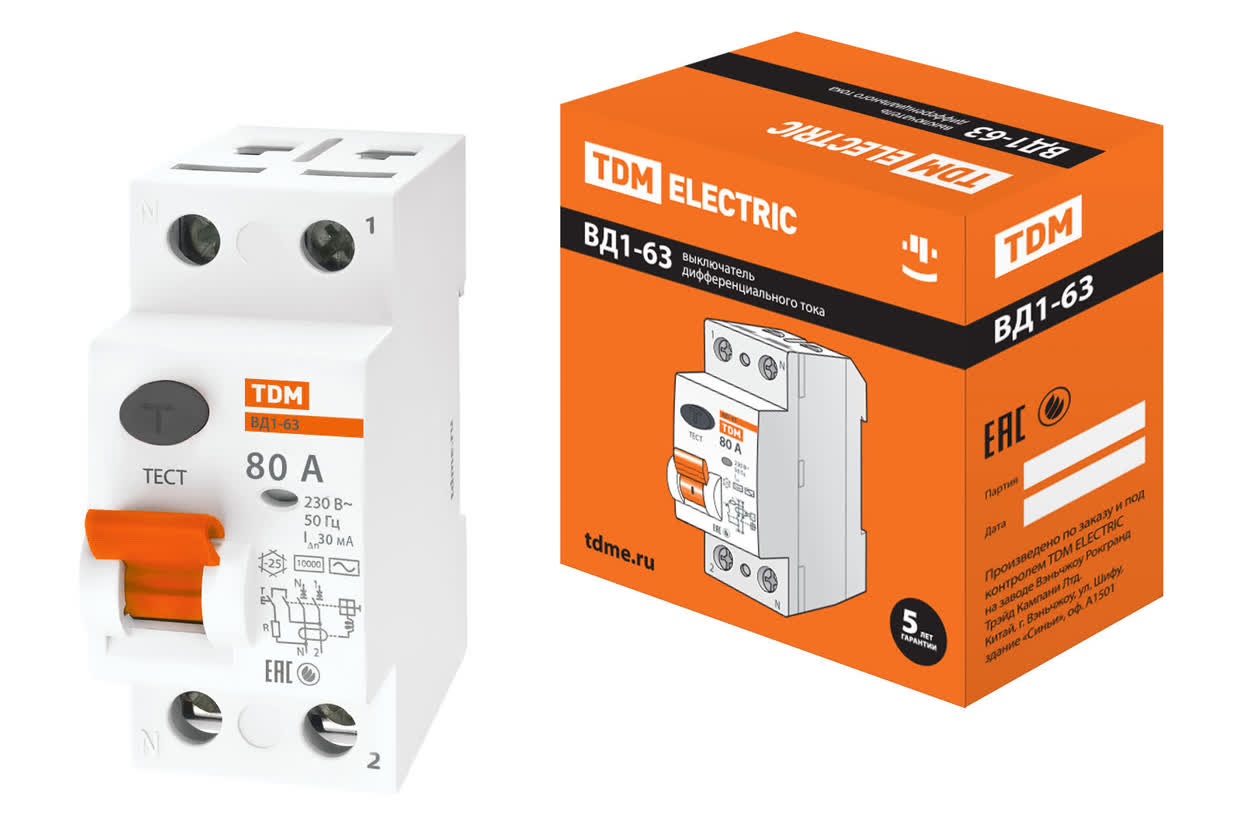 Выключатель дифференциального тока (УЗО) ВД1-63 2P 80A 30mA TDM SQ0203-0022 в интернет-магазине Ремкабель