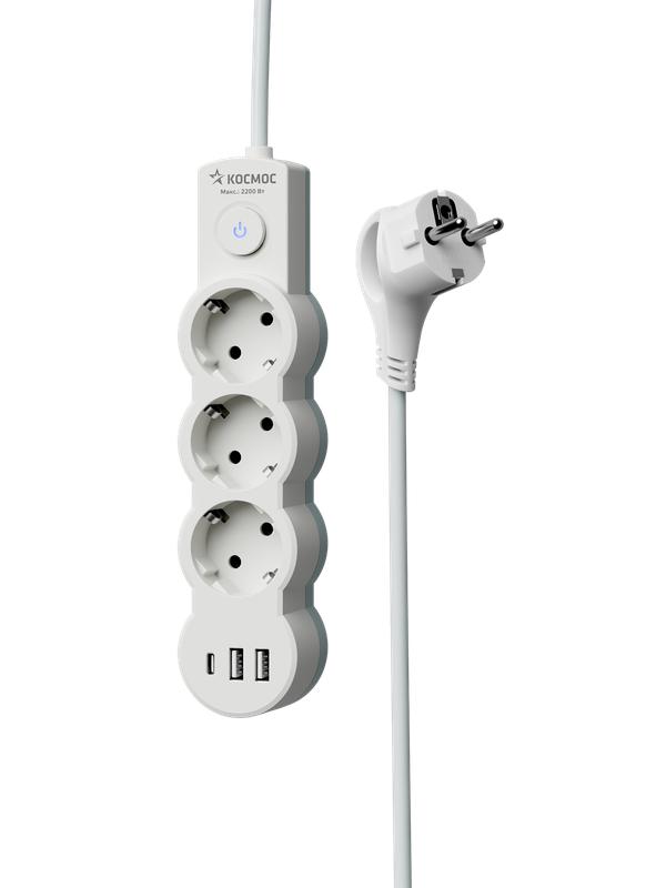Удлинитель 3х1.5м с заземл. 10А IP20 USB 2800Вт 220В ПВС 3х1 с выкл. бел. КОСМОС YKsm1.5m3g-Z-VU10А-W в интернет-магазине Рэмкабель