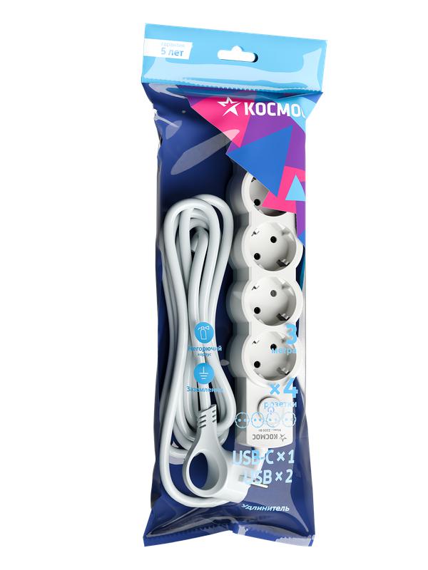Удлинитель 4х3м с заземл. 10А IP20 USB type-Aх2 + type-C 2500Вт 220В ПВС 3х1 с выкл. бел. КОСМОС YKsm3m4g-Z-VU10А-W в интернет-магазине Рэмкабель
