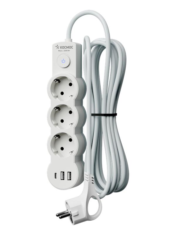 Удлинитель 3х1.5м с заземл. 10А IP20 USB 2800Вт 220В ПВС 3х1 с выкл. бел. КОСМОС YKsm1.5m3g-Z-VU10А-W в интернет-магазине Рэмкабель
