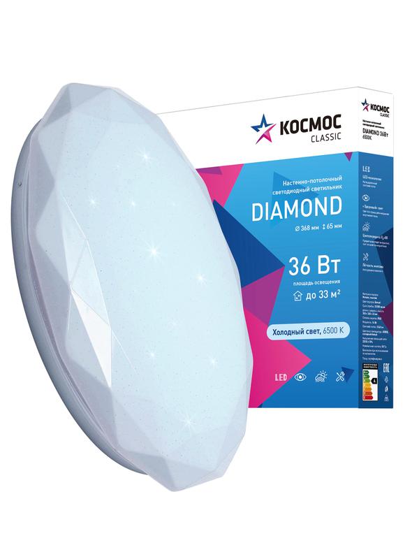 Светильник светодиодный Classic DIAMOND 36Вт 230В 6500К 2340лм 368х65мм настенно-потолочный КОСМОС KCDiam36W_6500 в интернет-магазине Рэмкабель