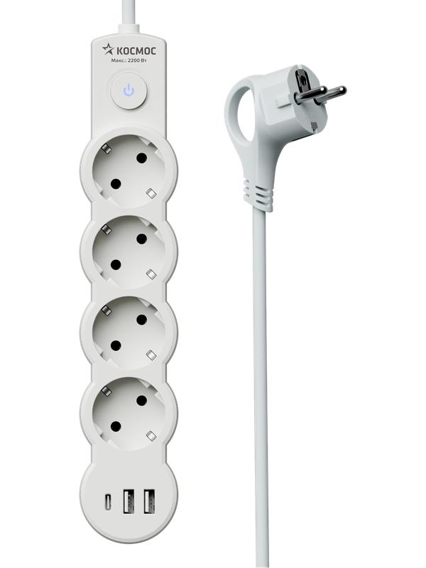 Удлинитель 4х3м с заземл. 10А IP20 USB type-Aх2 + type-C 2500Вт 220В ПВС 3х1 с выкл. бел. КОСМОС YKsm3m4g-Z-VU10А-W в интернет-магазине Рэмкабель