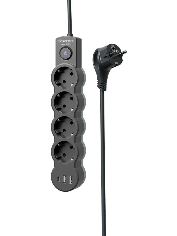 Удлинитель 4х1.5м с заземл. 10А IP20 2хUSB-А + 1хUSB-C 2500Вт 220В ПВС 3х1 с выкл. черн. КОСМОС YKsm1.5m4g-Z-VU10А-B в интернет-магазине Рэмкабель