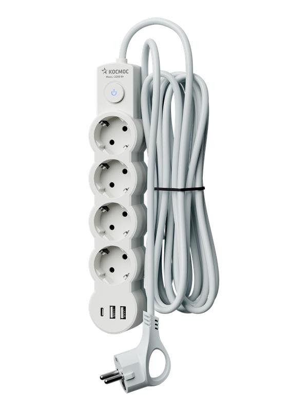 Удлинитель 4х3м с заземл. 10А IP20 USB type-Aх2 + type-C 2500Вт 220В ПВС 3х1 с выкл. бел. КОСМОС YKsm3m4g-Z-VU10А-W в интернет-магазине Рэмкабель