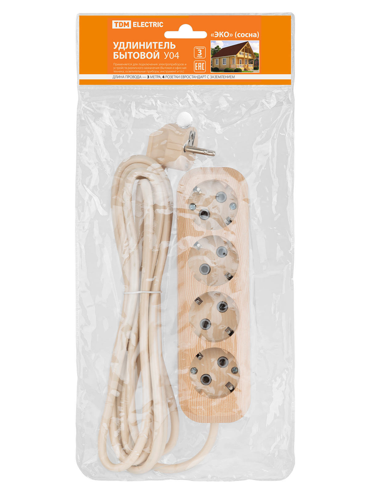 Удлинитель бытовой У04 (4 гнезда, 3 метра, 2П+3, ПВС 3х1мм) 16А/250В TDM SQ1303-2011 в интернет-магазине Ремкабель
