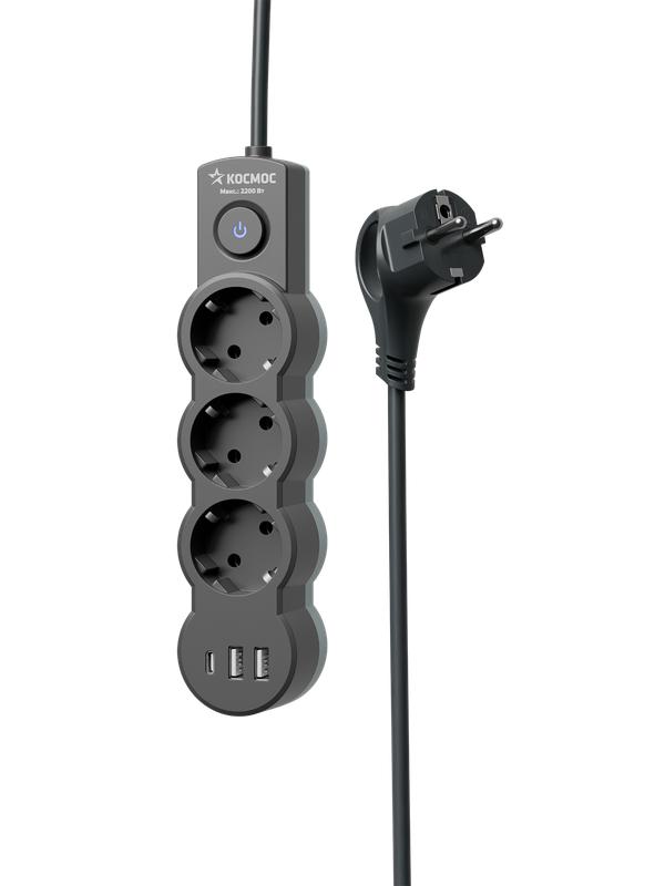 Удлинитель 3х5м с заземл. 10А IP20 USB 2800Вт 220В ПВС 3х1 с выкл. черн. КОСМОС YKsm5m3g-Z-VU10А-B в интернет-магазине Рэмкабель