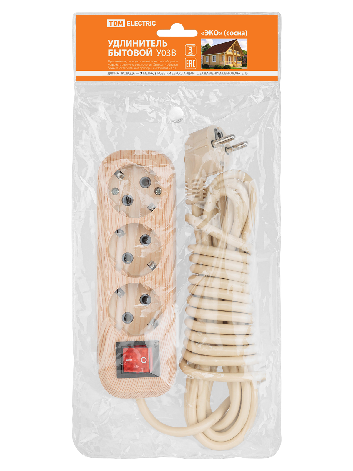 Удлинитель бытовой У03В (выключатель, 3 гнезда, 3 метра, 2П+3, ПВС 3х1мм) 16А/250В TDM SQ1303-2101 в интернет-магазине Ремкабель