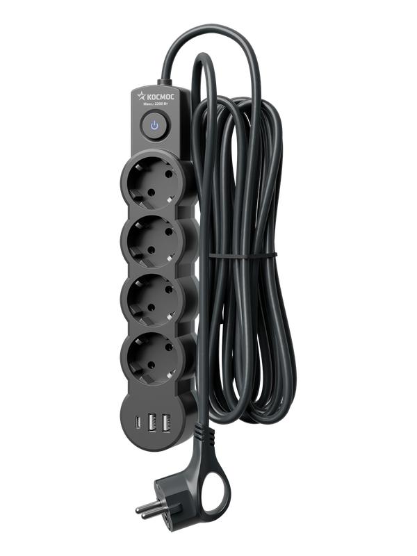 Удлинитель 4х1.5м с заземл. 10А IP20 2хUSB-А + 1хUSB-C 2500Вт 220В ПВС 3х1 с выкл. черн. КОСМОС YKsm1.5m4g-Z-VU10А-B в интернет-магазине Рэмкабель