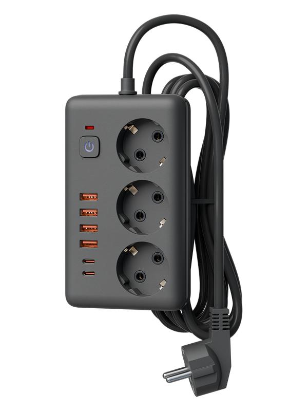 Удлинитель с сетевым фильтром 3х1.5м 10А 4USB + 2USBC 2500Вт ПВС 3х1 прямоуг. черн. КОСМОС FKsm1.5m-3gPF(B)USB в интернет-магазине Рэмкабель