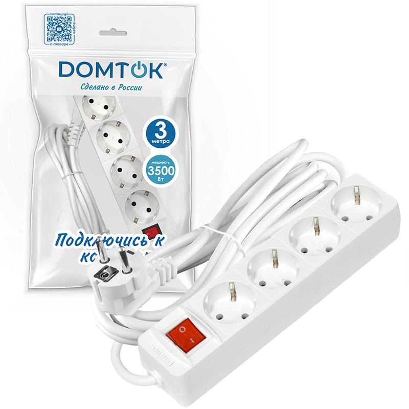Удлинитель 4х3х16А IP20 3х1 с выкл. бел. DOMTOK 2499 в интернет-магазине Рэмкабель