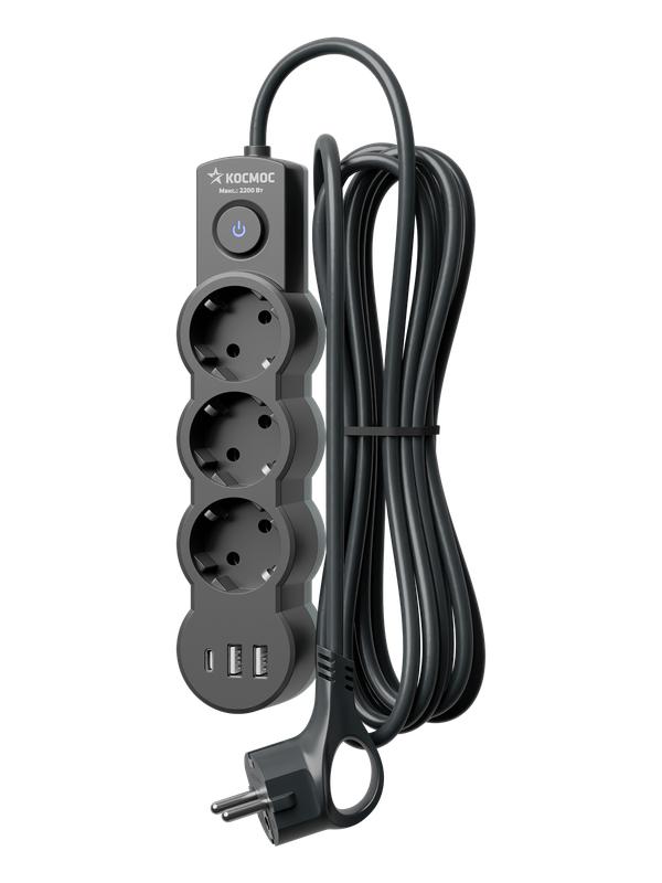 Удлинитель 3х5м с заземл. 10А IP20 USB 2800Вт 220В ПВС 3х1 с выкл. черн. КОСМОС YKsm5m3g-Z-VU10А-B в интернет-магазине Рэмкабель