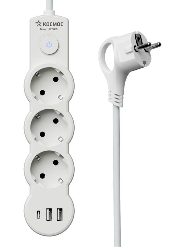 Удлинитель 3х1.5м с заземл. 10А IP20 USB 2800Вт 220В ПВС 3х1 с выкл. бел. КОСМОС YKsm1.5m3g-Z-VU10А-W в интернет-магазине Рэмкабель