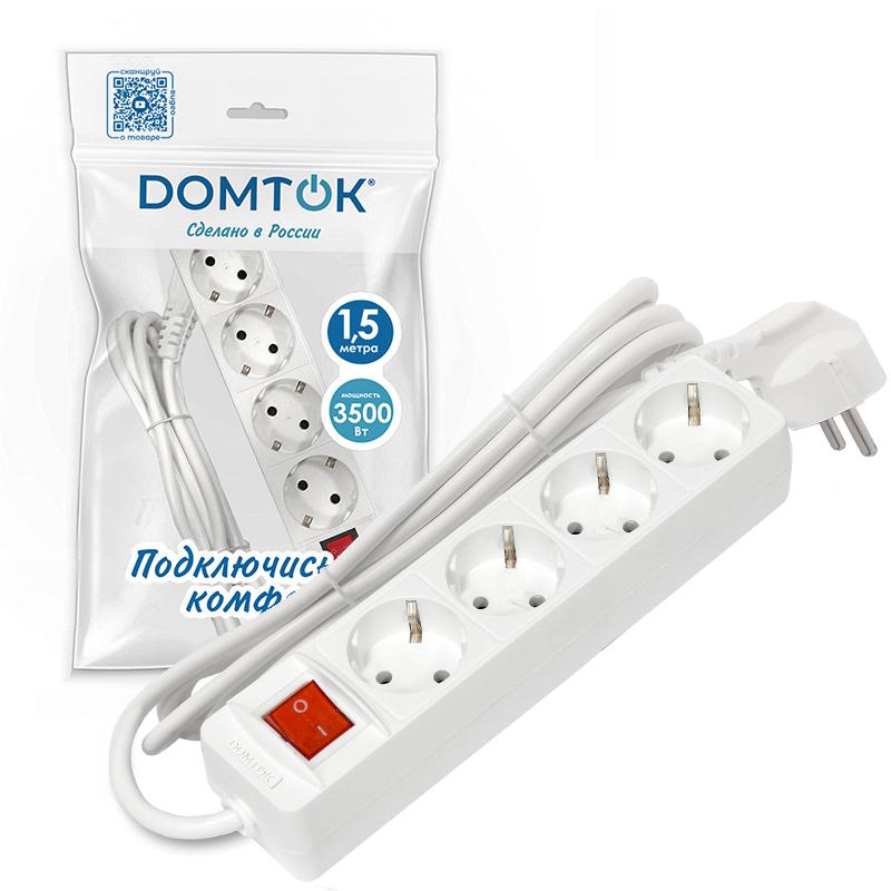 Удлинитель 4х1.5м с заземл. 16А IP20 3х1 с выкл. бел. DOMTOK 2374 в интернет-магазине Рэмкабель