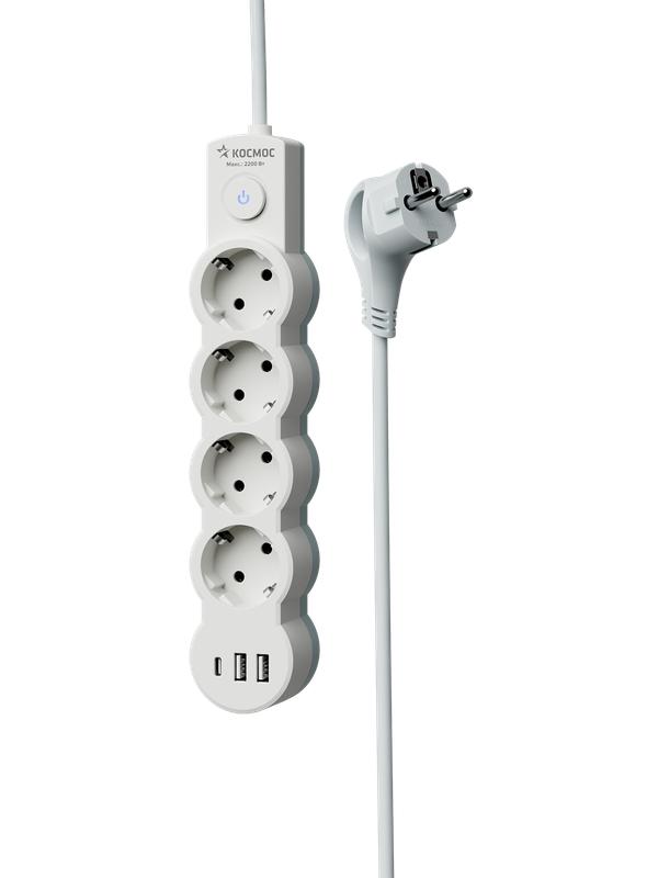 Удлинитель 4х3м с заземл. 10А IP20 USB type-Aх2 + type-C 2500Вт 220В ПВС 3х1 с выкл. бел. КОСМОС YKsm3m4g-Z-VU10А-W в интернет-магазине Рэмкабель