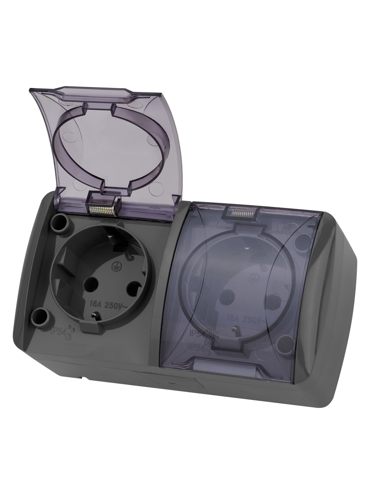 Розетка двойная 2П+3 открытой установки IP54 16А с прозрачной крышкой серая TDM SQ1818-0109 в интернет-магазине Ремкабель