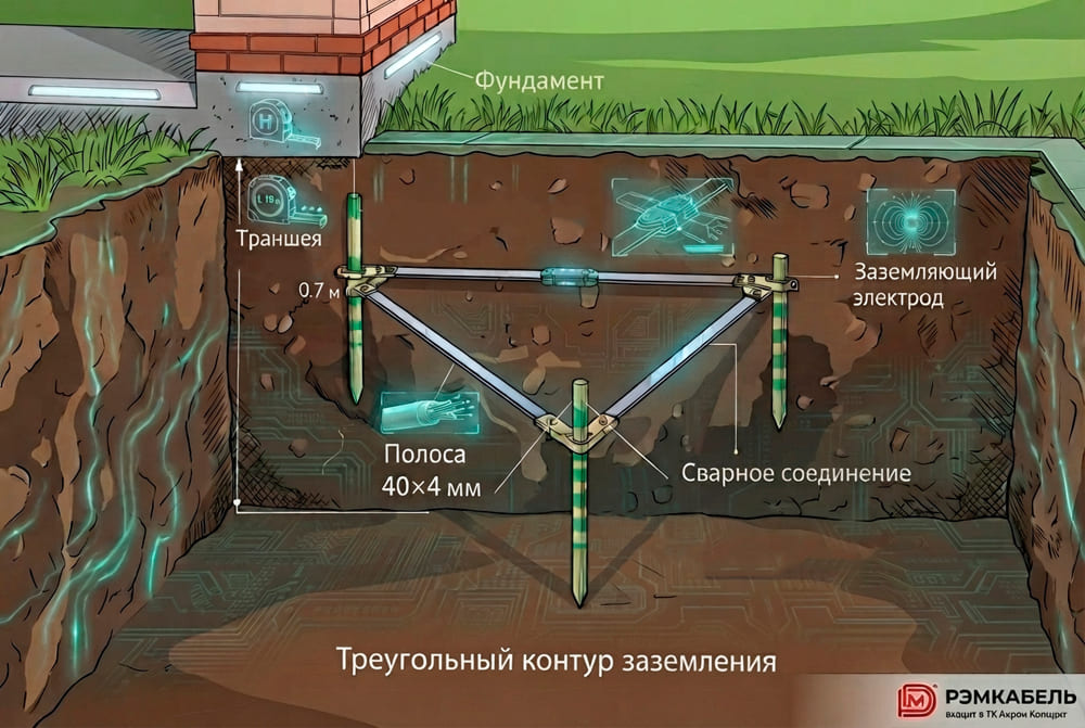 Треугольный контур заземления — три вертикальных стержни Ø16–20 мм длиной 2–3 м, соединенных горизонтальными полосами 40×4 мм, приварка к вводной шине PE
